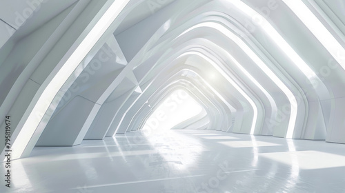 Futuristic white tunnel with natural light creating a modern and vibrant atmosphere