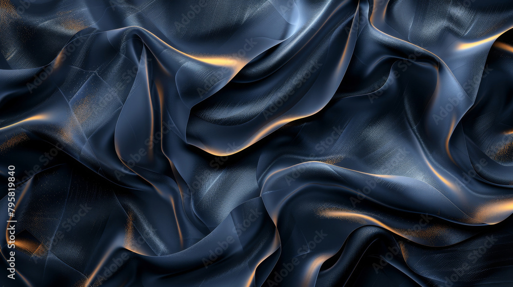 Obraz premium Exquisite rippling blue satin fabric with delicate golden touches ideal for backdrops