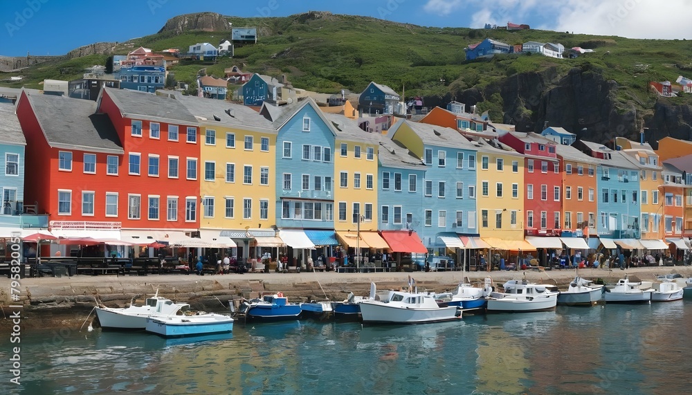 A seaside town with colorful buildings lining the upscaled 4