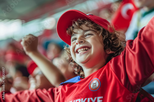 Turkish football soccer fans in a stadium supporting the national team, little boy, Ay-Yildizlilar 