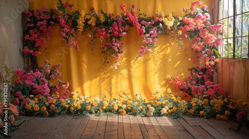 The background of the room for studio photos is yellow in color and filled with beautiful flower decorations