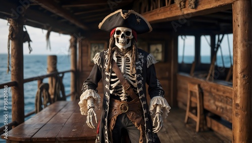 A skeleton dressed as a pirate, complete with a tattered hat and a wooden leg, standing on the deck of a ghost ship ai_generative
