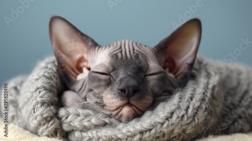 Sphynx cat sleeping in a warm knitted scarf.
