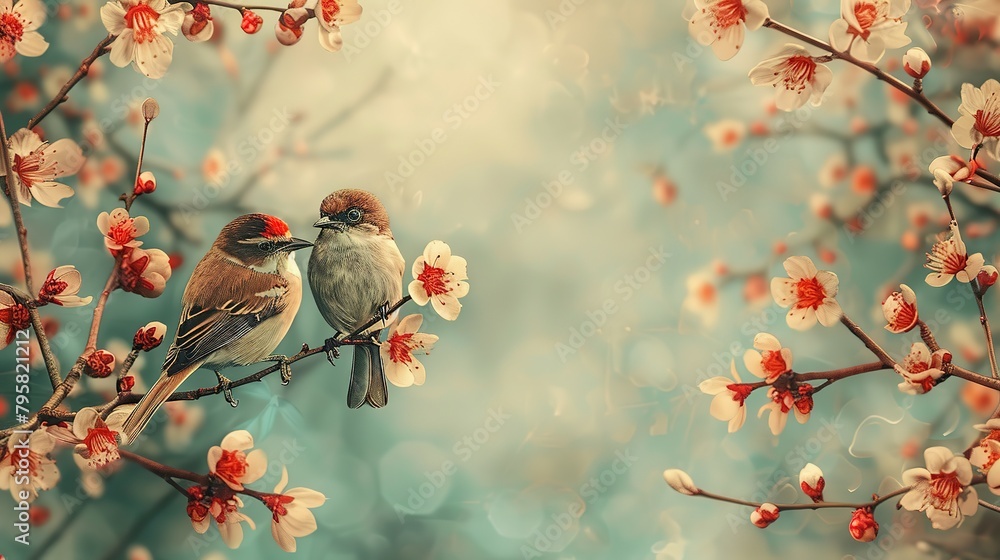 Birds in branches flowers floral background with flowers - obrazy, fototapety, plakaty 