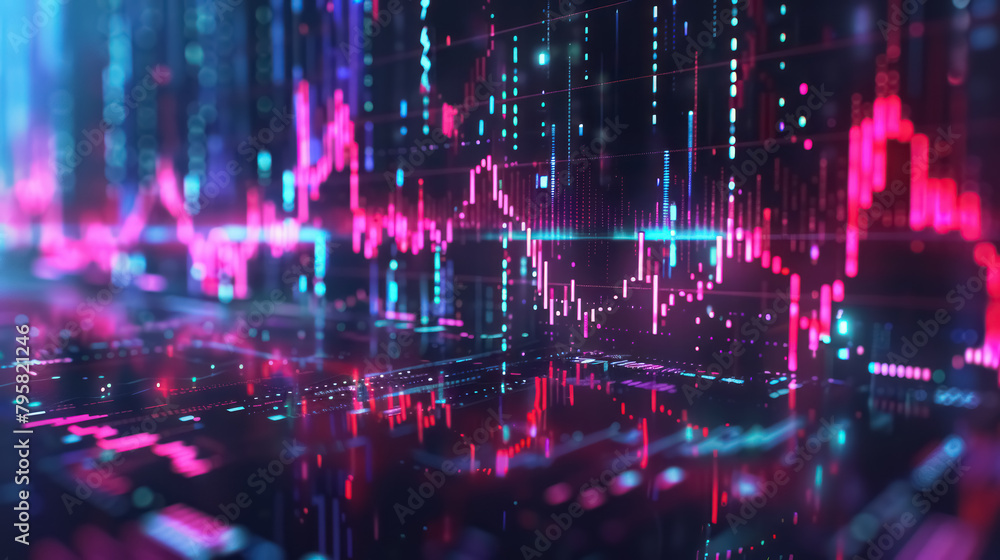 digital stock market data visualization with vibrant cyberpunk colors for financial analytics