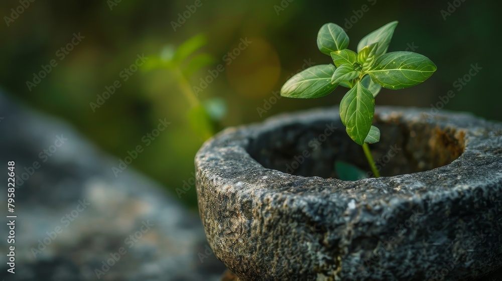 Sprouting plant in stone pot Sprouting plant in stone pot