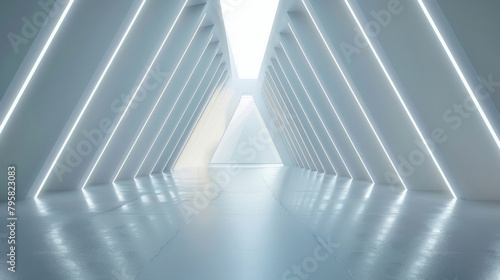 Modern corridor with glowing lines, minimalist design