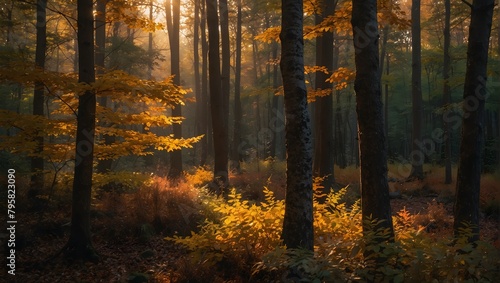  A forest during golden hour, where the setting sun casts a warm, golden glow over the multi-colored leaves ai_generative © Haroon