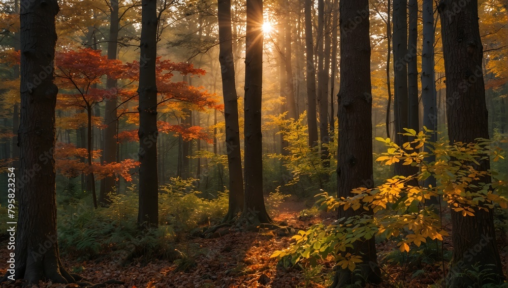  A forest during golden hour, where the setting sun casts a warm, golden glow over the multi-colored leaves ai_generative