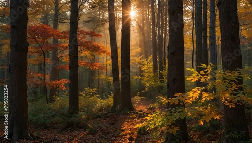  A forest during golden hour, where the setting sun casts a warm, golden glow over the multi-colored leaves ai_generative