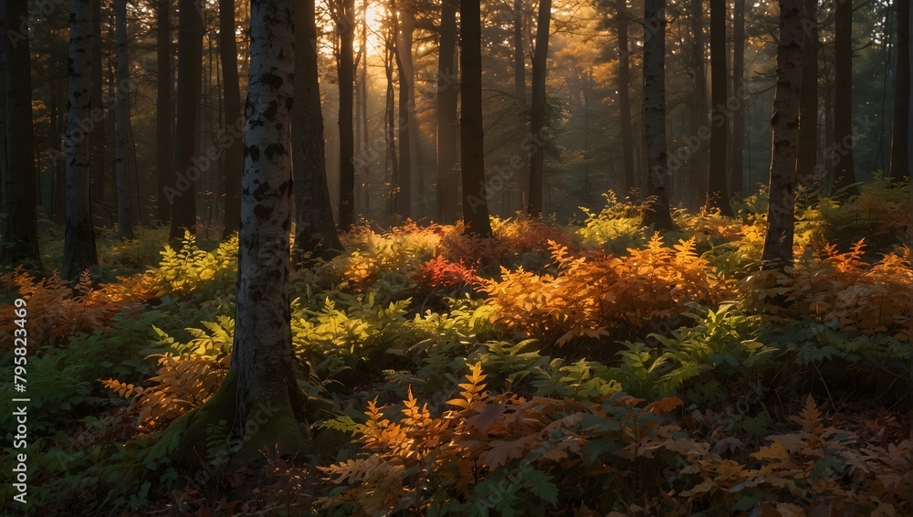 Fototapeta premium A forest during golden hour, where the setting sun casts a warm, golden glow over the multi-colored leaves ai_generative