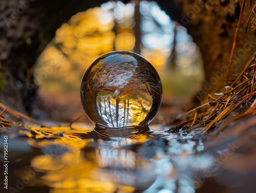 Autumn forest reflection in glass sphere