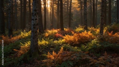  A forest during golden hour  where the setting sun casts a warm  golden glow over the multi-colored leaves ai_generative