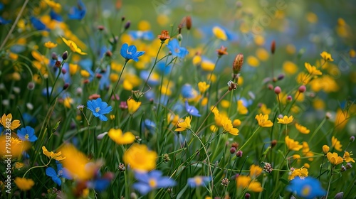 Blue meadow full of yellow flowers. Mixed with other flowers from time to time. I can feel the scent of spring. It s a great place to take a walk