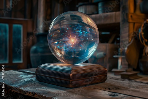 Glowing crystal ball on wooden table