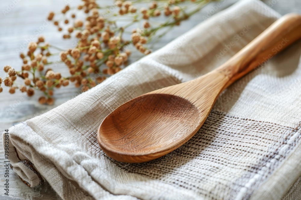 Wooden spoon on kitchen towel with herbs Wooden spoon on kitchen towel with herbs