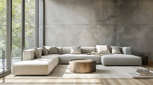 Interior modern bright living room design with grey sofa and coffee table. AI generated image