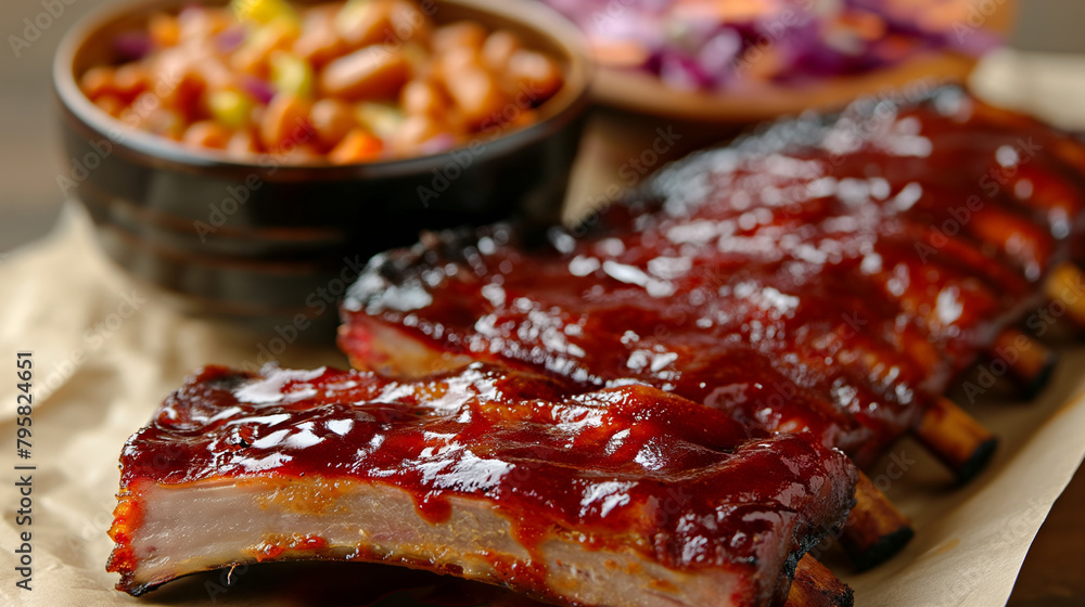 Closeup barbecued ribs with beans Closeup barbecued ribs with beans