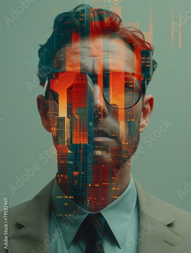 Double exposure portrait of a businessman with a cityscape embodying strategic vision. Urban corporate leader vision concept in modern metropolis with ceo in suit and tie. Determintation and success