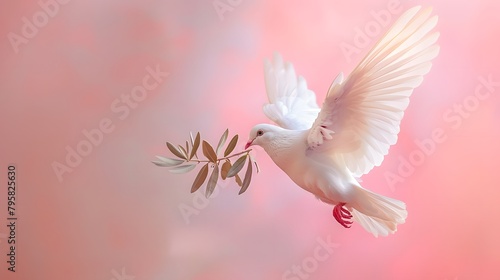 white dove or white pigeon carrying olive leaf branch on pastel background and clipping path and international day of peace 