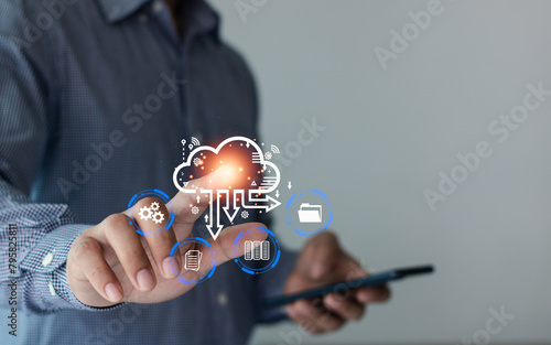 Businessman touching on cloud computing diagram. Cloud technology. Data storage. Networking and Internet service concept. Secure online data management system, and information system for business.