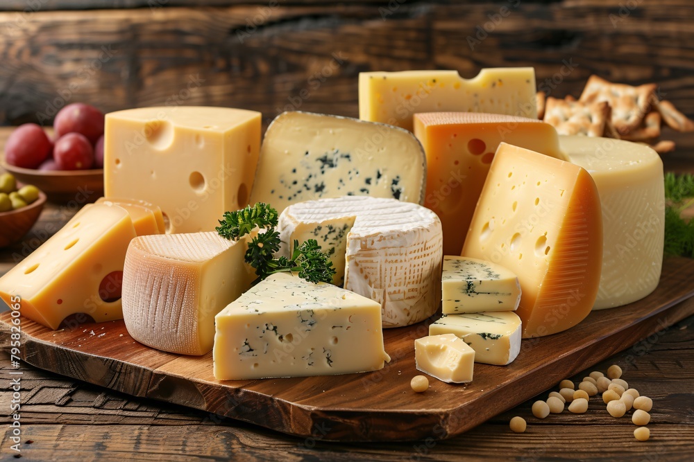 Various types of cheese displayed on a wooden board, featuring a mix of textures and colors, accented with herbs and nuts.