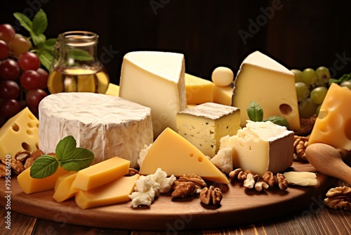 Various types of cheese displayed on a wooden board accompanied by grapes, nuts, and a bottle of olive oil.