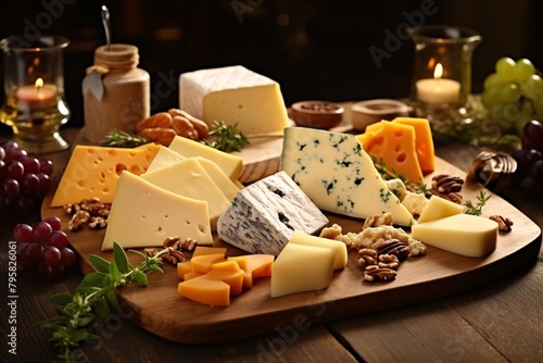 An assortment of various cheeses displayed on a wooden table, accompanied by grapes, nuts, and herbs in a close-up view.