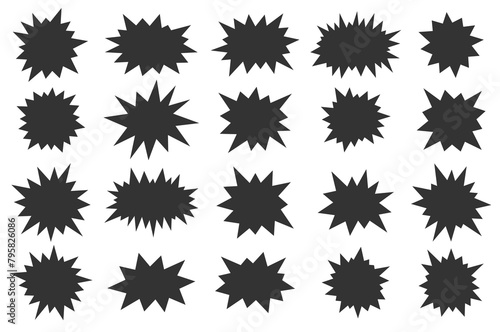 Multiple black starburst shapes are uniformly arranged against a white background, creating a monochromatic, geometric pattern.