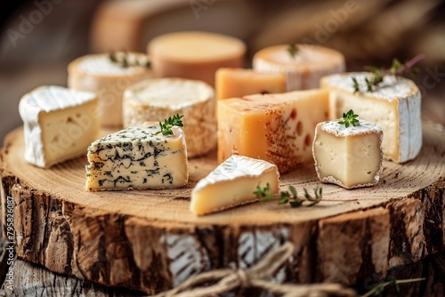 A variety of cheese types, including Brie and blue, artistically arranged on a rustic wooden board, garnished with sprigs of thyme.