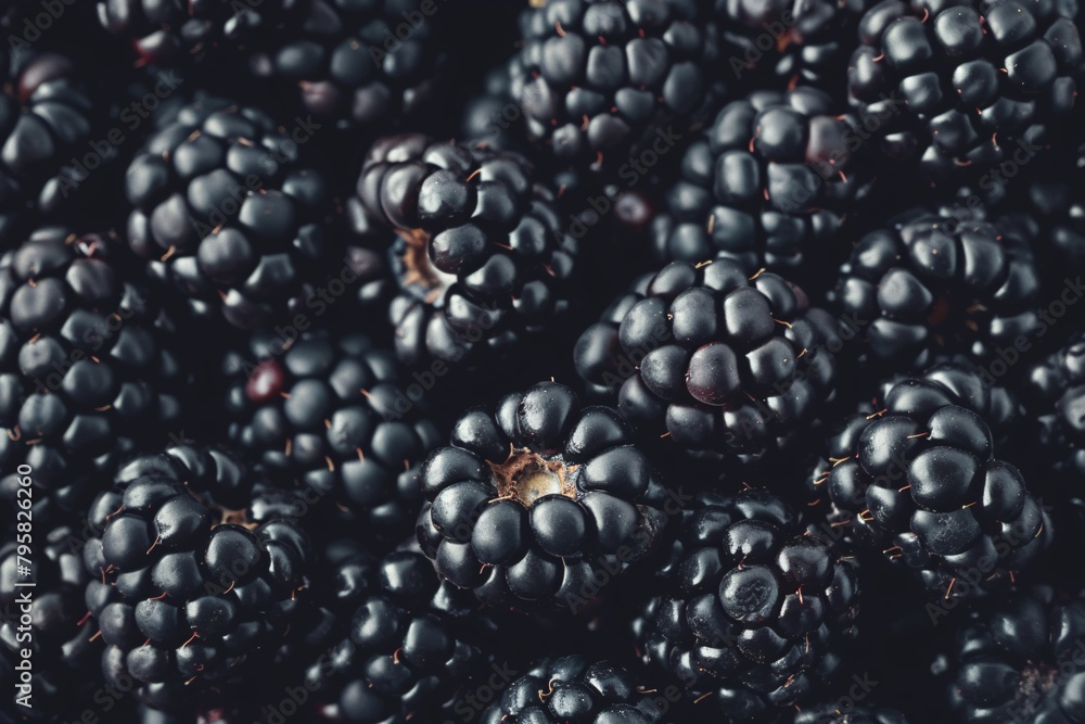 Close-up view of a dense cluster of ripe blackberries, with a focus on their textured surfaces. Close-up view of a dense cluster of ripe blackberries, with a focus on their textured surfaces.