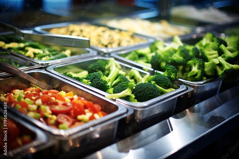 Vibrant assorted vegetables displayed in metal trays at a restaurant salad bar, showcasing freshness and variety.