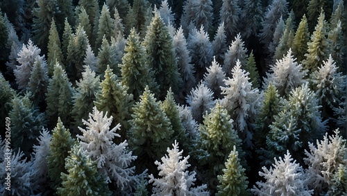 : A wintry forest scene with frosted trees, each branch dusted in white, contrasting sharply against deep blue and green pines ai_generative
