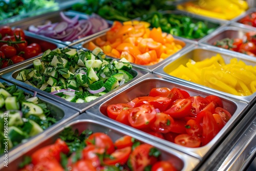 Colorful array of fresh chopped vegetables in metal containers at a salad bar, with bright lighting.