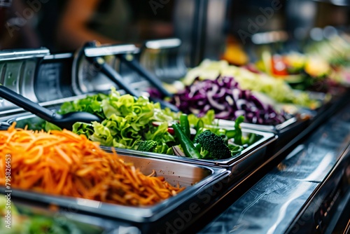 Colorful variety of fresh vegetables displayed in trays in a salad bar, showcasing greens, carrots, broccoli, and red cabbage. photo