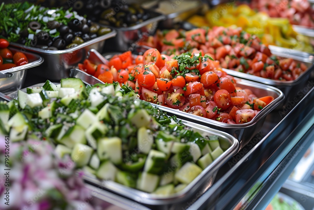 Various fresh vegetables displayed in metal trays at a salad bar, including tomatoes, cucumbers, and olives.