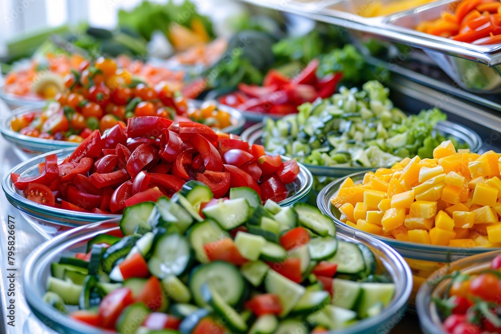 Various colorful fresh vegetables in bowls at a salad bar, including tomatoes, peppers, cucumbers, and carrots, vibrantly displayed.
