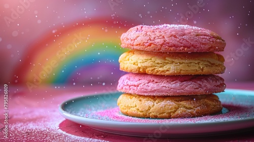 Pink cookies with sprinkles on a pink wooden background with rainbow