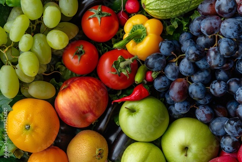 A colorful array of fresh fruits and vegetables featuring grapes  tomatoes  apples  and peppers  amongst others.