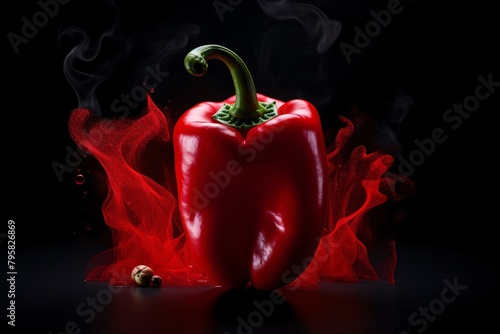 A red bell pepper with a vibrant splash and steam on a black background  accompanied by a small snail.