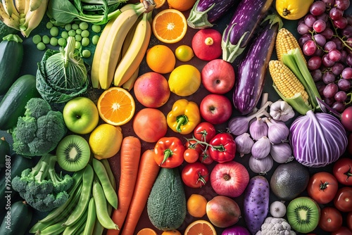 A vibrant display of various fresh fruits and vegetables arranged by color  showcasing a spectrum from greens to purples.