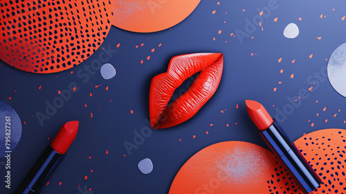 Close-up of Mouth with Orange Lipstick on Abstract Background in Metallic Shades of Violet