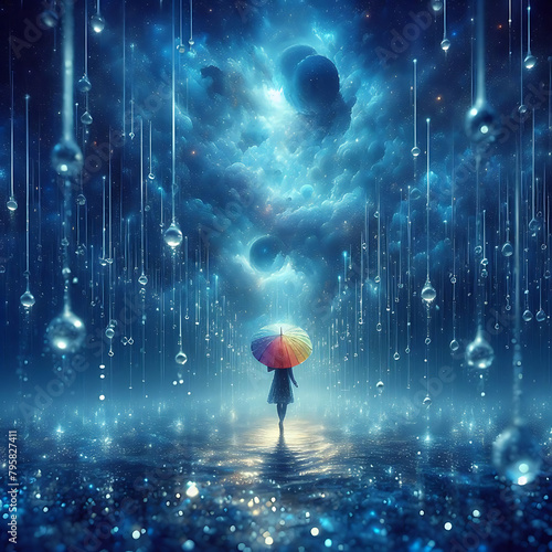 blue background with rain drops falling down on it and a person walking in the rain under an umbrella
