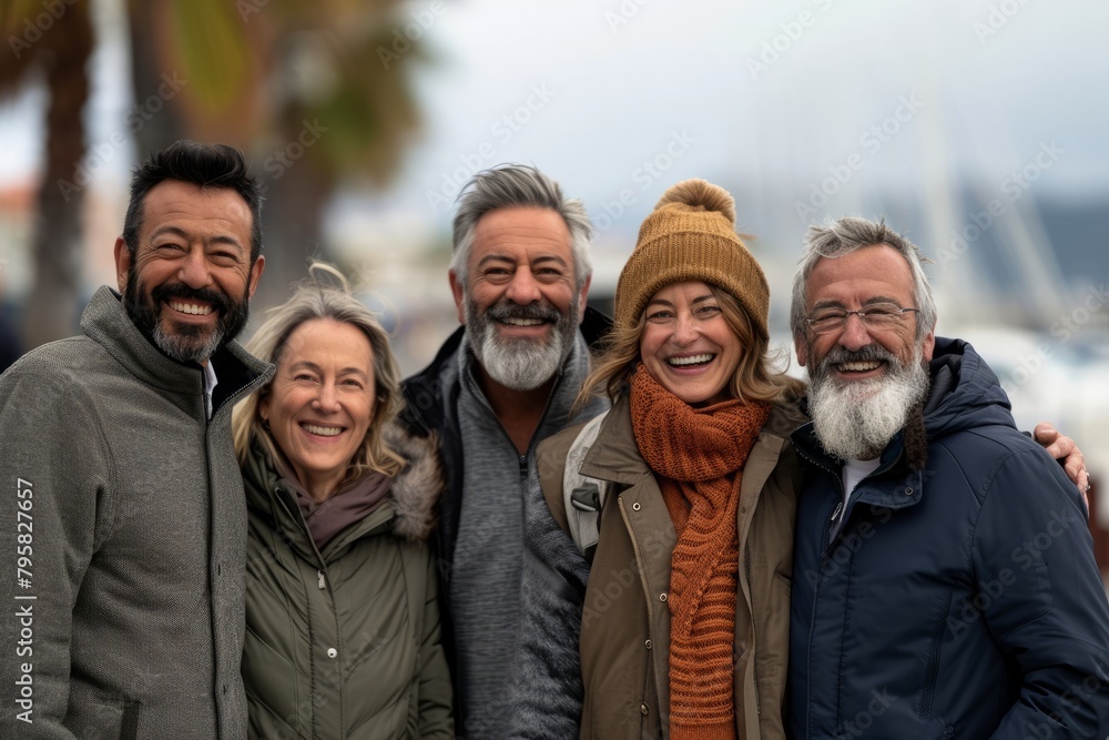 Portrait of a group of senior friends standing together in front of a marina Portrait of a group of senior friends standing together in front of a marina