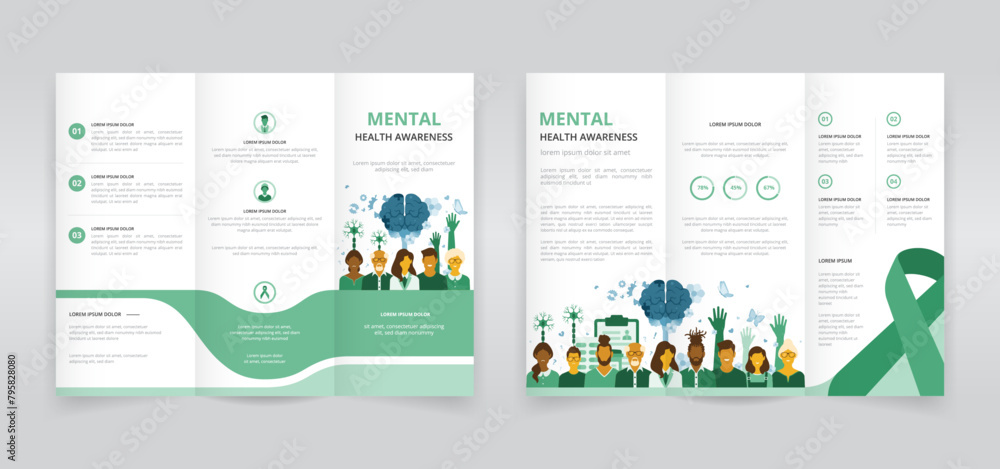 Trifold brochure, pamphlet or triptych leaflet template ideal for mental health day, awareness month or any other program addressing psychological issues