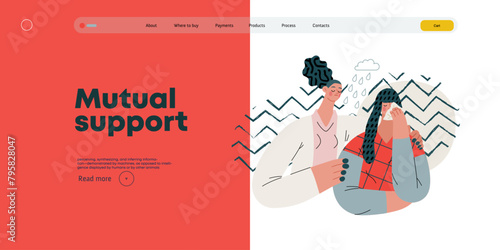 Mutual Support: Emotional aid and support -modern flat vector concept illustration of a woman comforting her friend in her sorrow A metaphor of voluntary, collaborative exchanges of resource, services