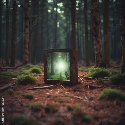Glowing square in forest, depth of field