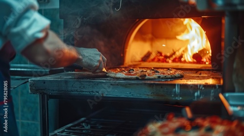 close-up of a person putting a pizza in the oven in an old pizzeria in high resolution and quality photo