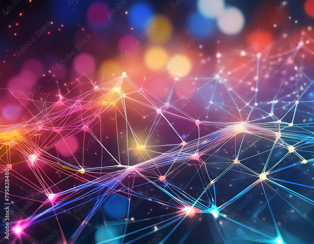 Abstract neural network 3D illustration. Big data concept. Global database and artificial intelligence. Bright, colorful background with bokeh effect Abstract neural network 3D illustration. Big data concept. Global database and artificial intelligence. Bright, colorful background with bokeh effect