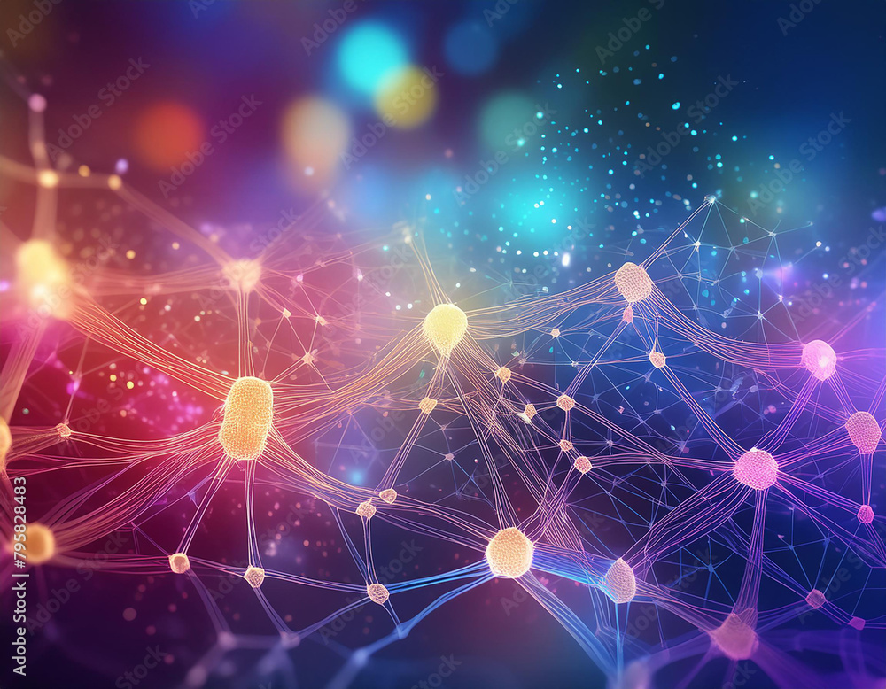 Fototapeta premium Abstract neural network 3D illustration. Big data concept. Global database and artificial intelligence. Bright, colorful background with bokeh effect